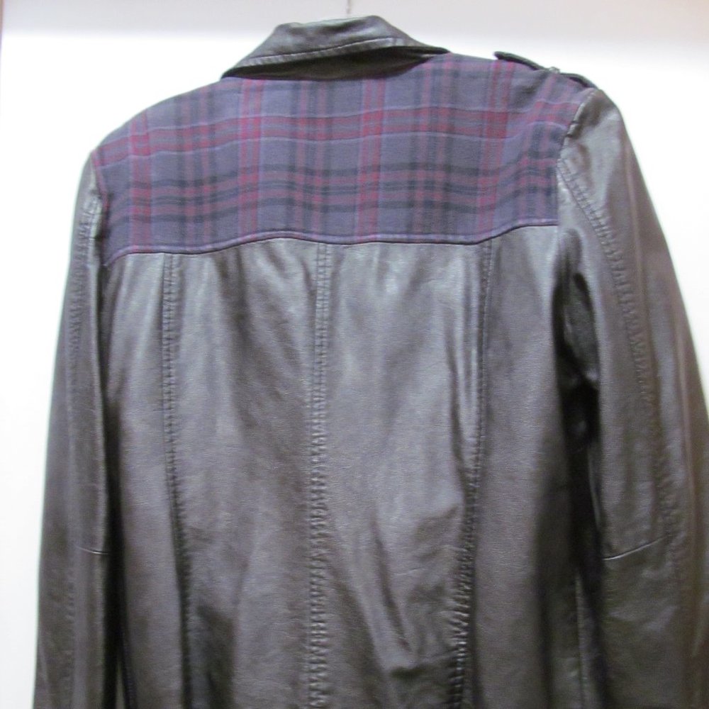 RUFF HEWN Brown Faux Leather Motorcycle Jacket Plaid Trim
